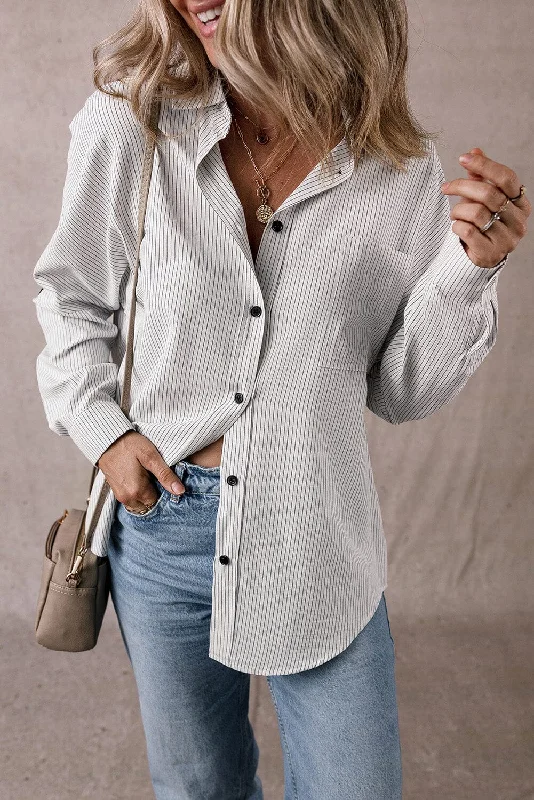 Weekend Savings Extravaganza Pocketed Striped Collared Neck Long Sleeve Shirt