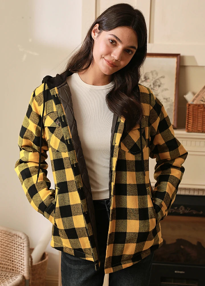 While Supplies Last Women's Quilted Lined Hooded Plaid Flannel Shirt Jacket with Hood