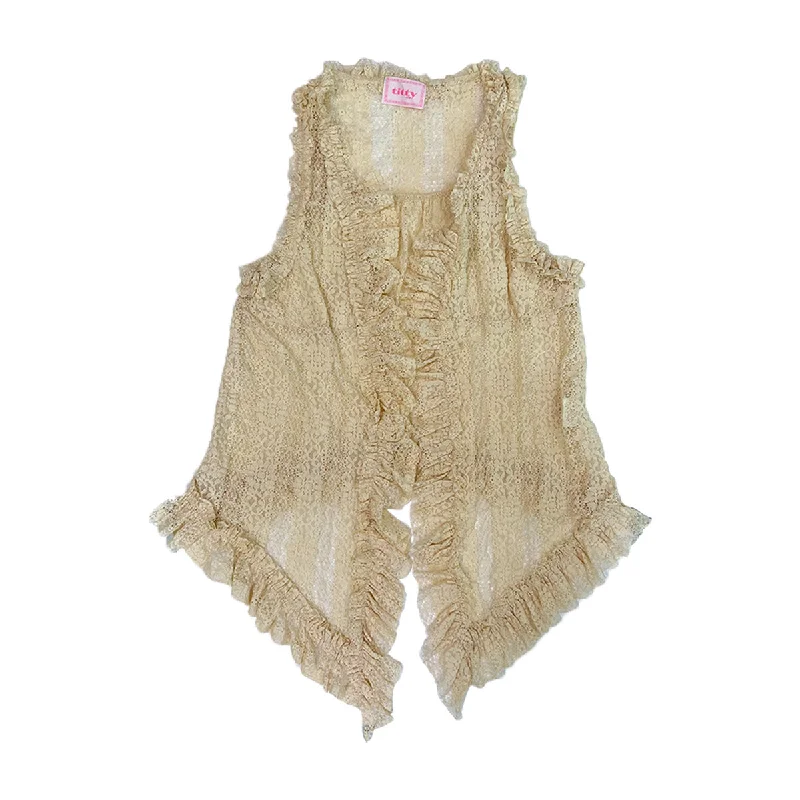 Weekend Bargains to Grab Ruffle Lace Asymmetrical Vest Cardigan