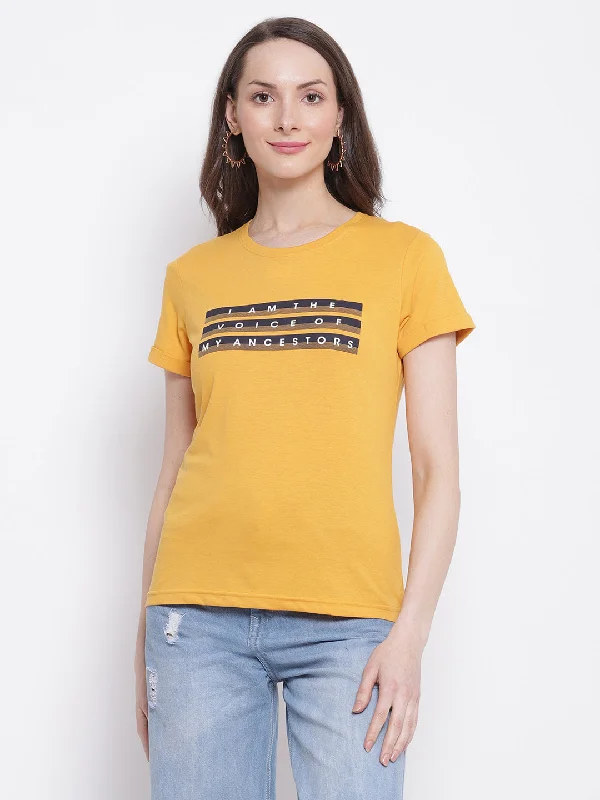 Price Drop Women's Casual Regular Short Sleeve Mustard Round neck Typographic Print T-Shirt