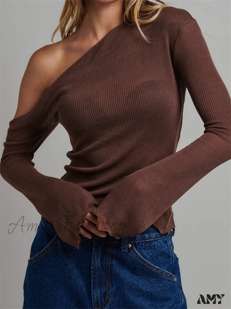 Weekend Offers That Shine Amy Fashion - Knitted Long Flare Sleeve Solid Slim Fit T-shirts Off Shoulder T-shirts