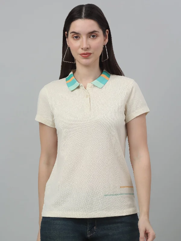 Price Fest Women's Casual Regular Short Sleeve Beige Polo neck Contrast stitch detail on the sides T-Shirt