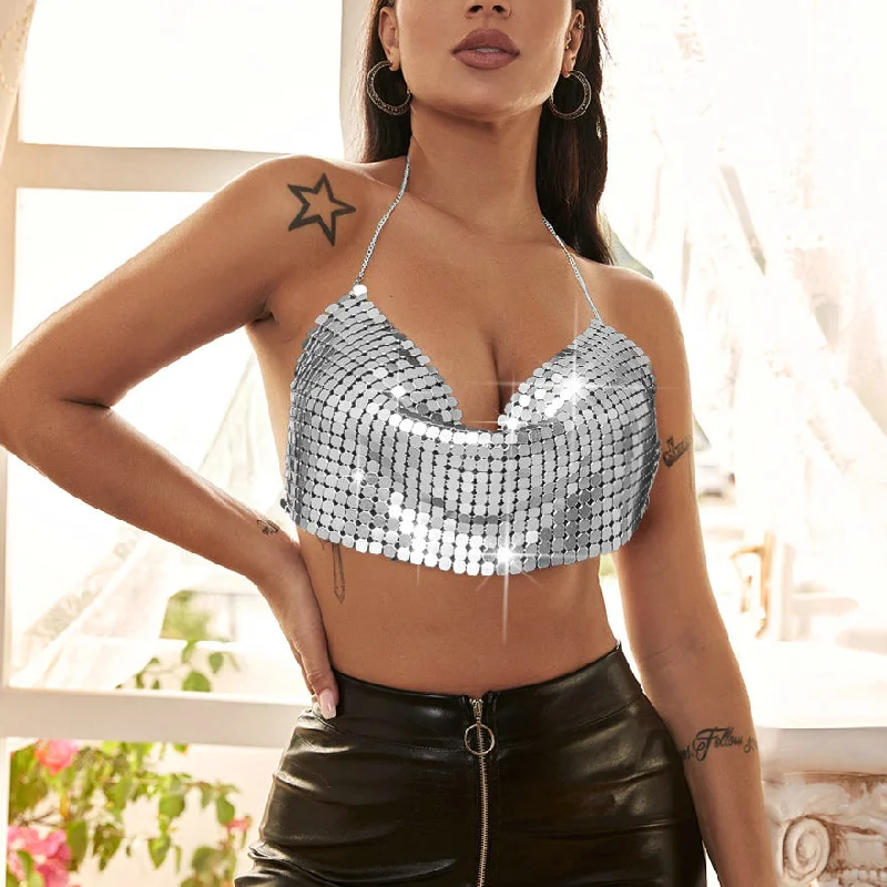 Extra Discounts Sexy Metal Backless Halterneck Sequin Camisole Wholesale Womens Tops