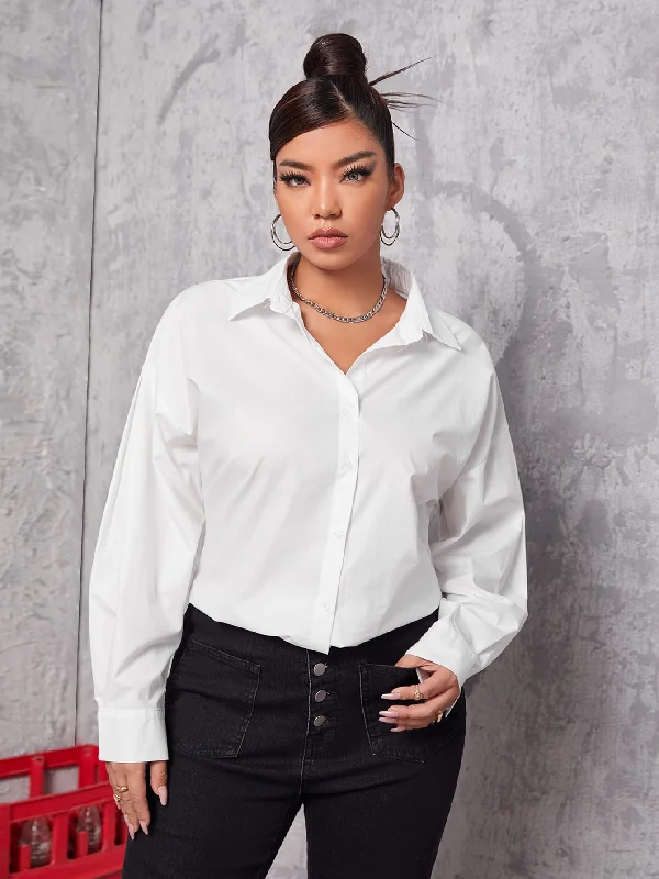 Price Rollback Plain Button Long Sleeve Collar Regular Plus Size Blouse