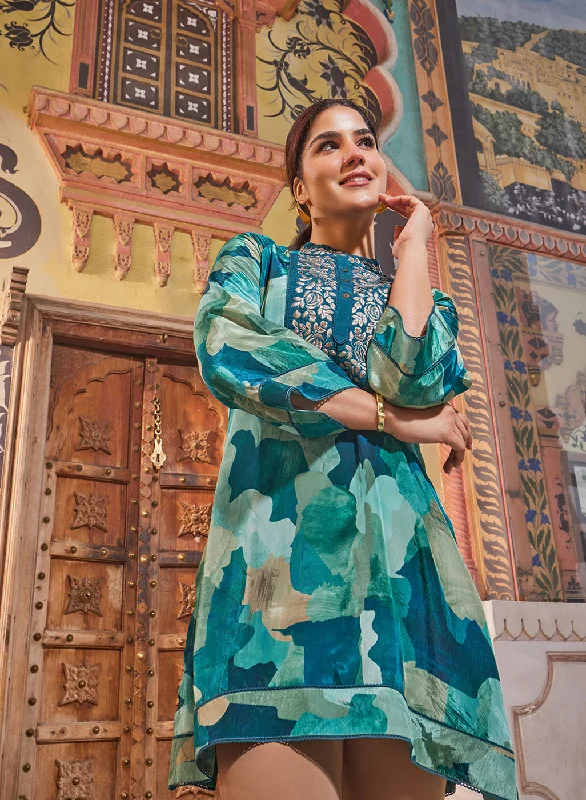 Special Savings Kinza Blue Crepe Printed Long Top for Women