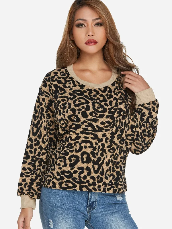 Quick Sale Custom Round Neck Leopard Long Sleeve Khaki T-Shirts