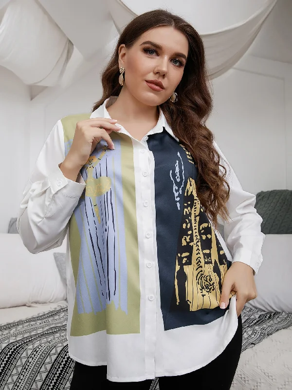 Weekend Savings Delight Colorblock Button Front Long Sleeve Collar Semi-Sheer Long Plus Size Blouse Weekend Savings Delight Colorblock Button Front Long Sleeve Collar Semi-Sheer Long Plus Size Blouse