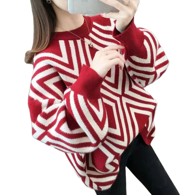 Overstock Clearance 2024 spring hot high-quality fashion women's long-sleeved crew neck striped loose large-size senior sense pullover sweater