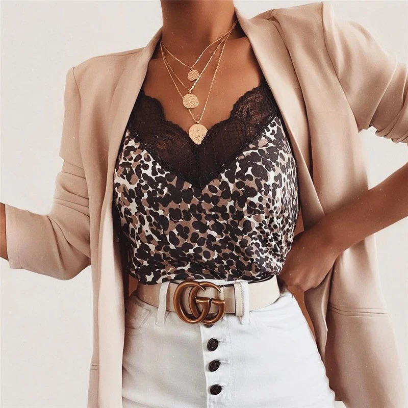 Overstock Clearance Fashion Women Summer Lace Top Leopard Snake Print Tank Elegant Loose V Neck Vest Ladies Strappy camisa feminina debardeur femme