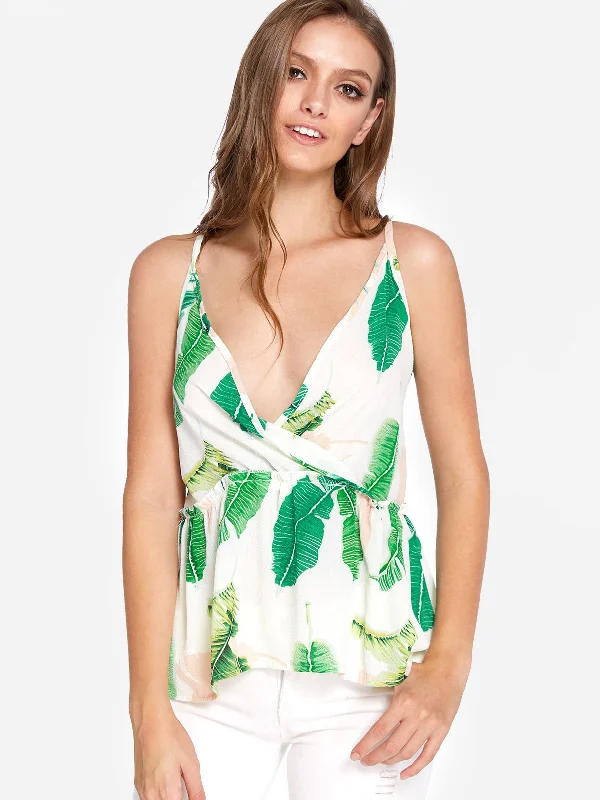 Weekend Savings Sensation Custom V-Neck Floral Print Crossed Front Backless Spaghetti Strap Sleeveless Flounced Hem White Camis