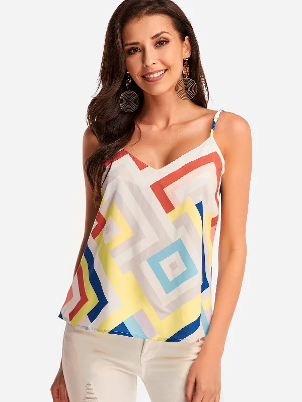 Weekend Savings Fiesta Custom V-Neck Geometrical Backless Spaghetti Strap Sleeveless Curved Hem White Camis