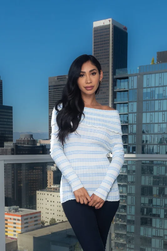 Incredible Offers Rib Knit Long Sleeve Open Shoulders Striped Top (167084)