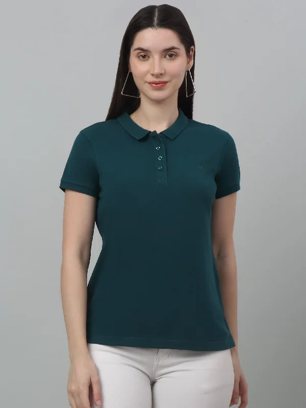 Act Now Women's Casual Regular Short Sleeve Teal Polo neck  T-Shirt