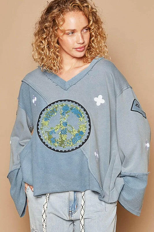 Weekend Bargains to Sizzle POL Peace Embroidered Exposed Seam Back Ruffle V-Neck Top