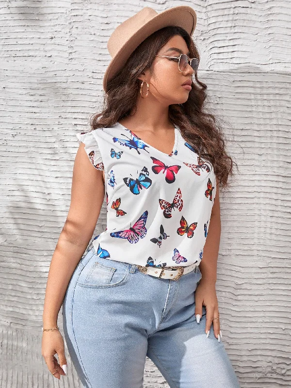 Value Pack Animal Ruffle Cap Sleeve V Neck Regular Plus Size Blouse