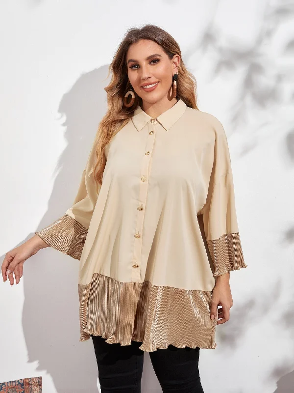 Weekend Bargains Just for You Colorblock Button Front Three Quarter Length Sleeve Collar Long Plus Size Blouse