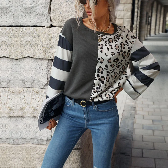 Massive Savings Casual Splicing Striped Crew Neck Tops Wholesale Womens Long Sleeve T Shirts