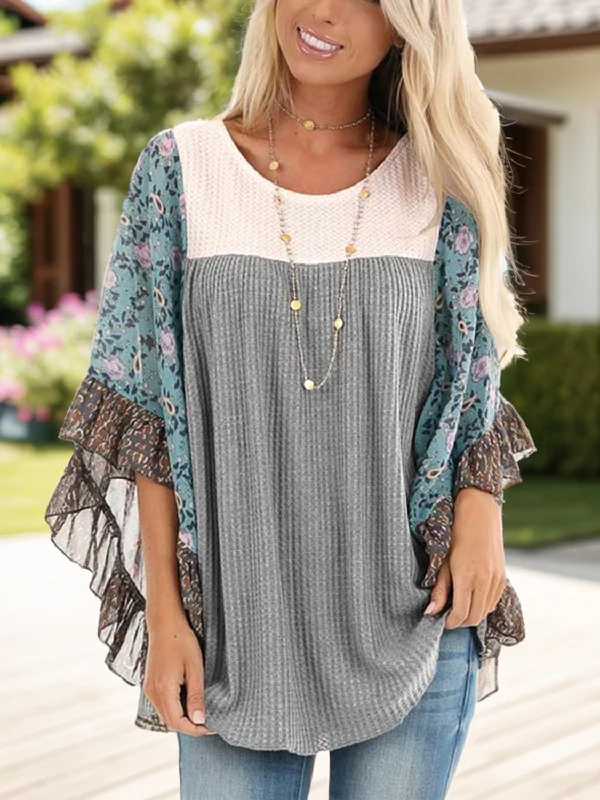 Extra Savings Full Size Printed Round Neck Three-Quarter Sleeve Blouse