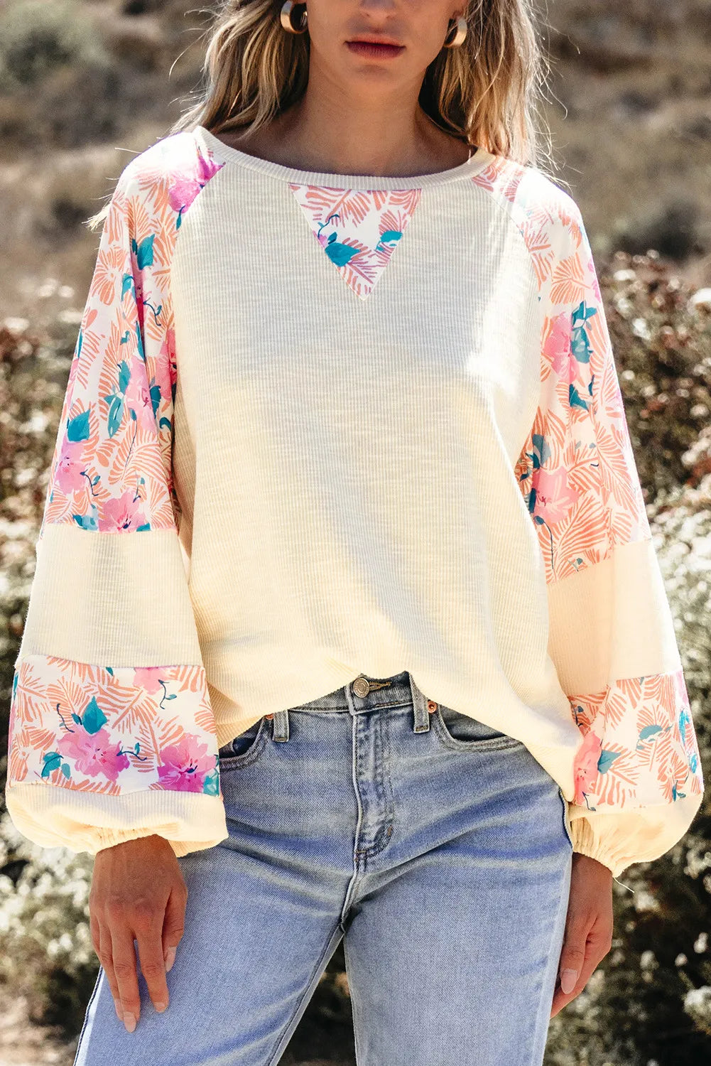 Flash Sale Printed Round Neck Balloon Sleeve Blouse