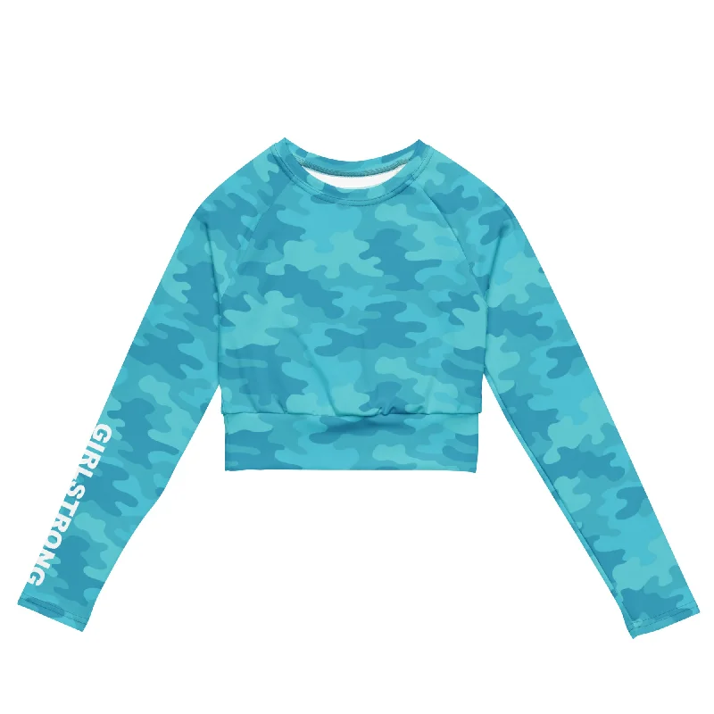Flash Sale THE ESSENTIAL, SOFT AND STRETCHY, LONG SLEEVE FITTED CROP TOP TURQUOISE CAMO
