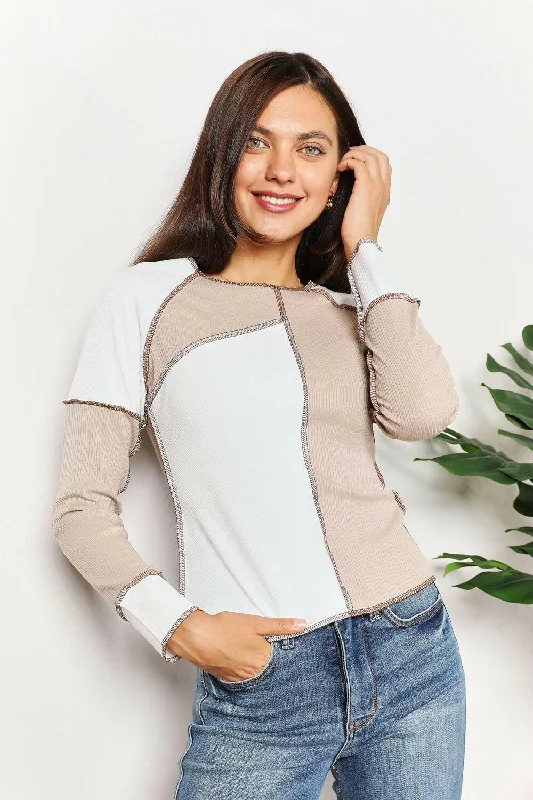 Weekend Savings Delight Double Take Color Block Exposed Seam Top