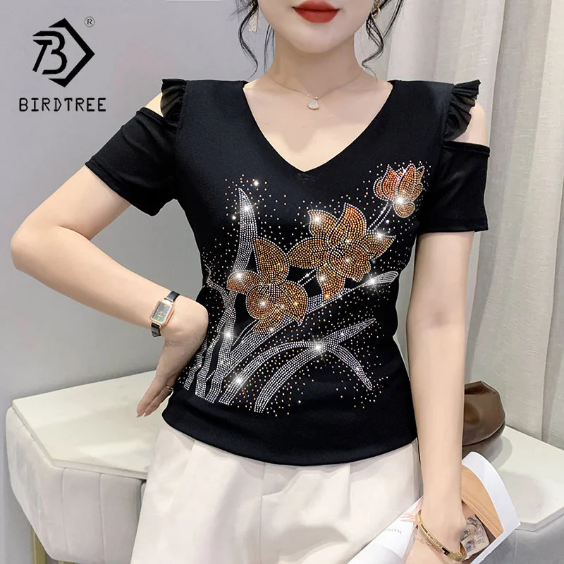 Hot Buy Black Mesh T-Shirt Women V-neck Handmade Diamonds Beading Flowers Off-shoulder Ruffles Tops Tees Short Sleeve Summer T25903