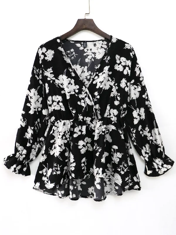 Steals and Deals Floral Wrap Long Sleeve V Neck Regular Plus Size Blouse