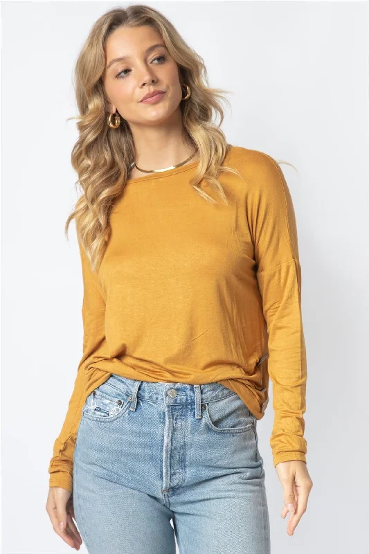 Price Reduction Mustard Side Bottom Button Detail Long Sleeve Top