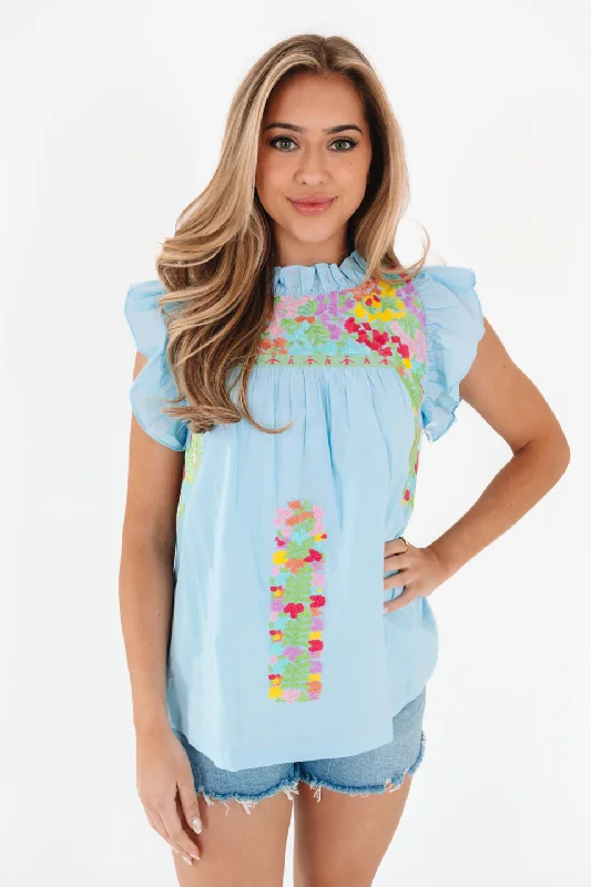 Final Markdown The Posie Ruffle Neck Top - Light Blue