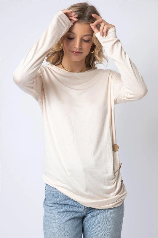 New Deals Ivory Side Bottom Button Detail Long Sleeve Top