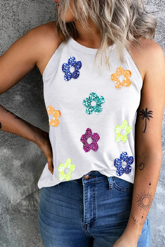 Clearance Event Sequin Flower Grecian Neck Tank
