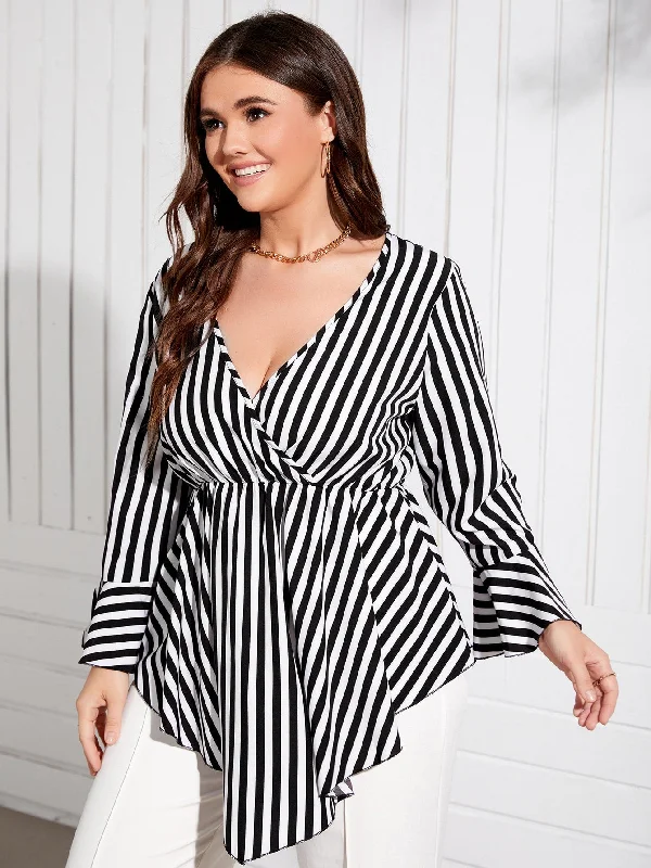 Huge Discounts Striped Ruffle Long Sleeve Deep V Neck Regular Plus Size Blouse