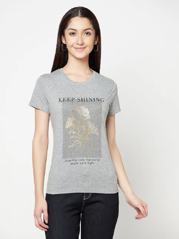 Cash Savings Women's Casual Regular Short Sleeve Grey Melange Round neck Graphic Print T-Shirt