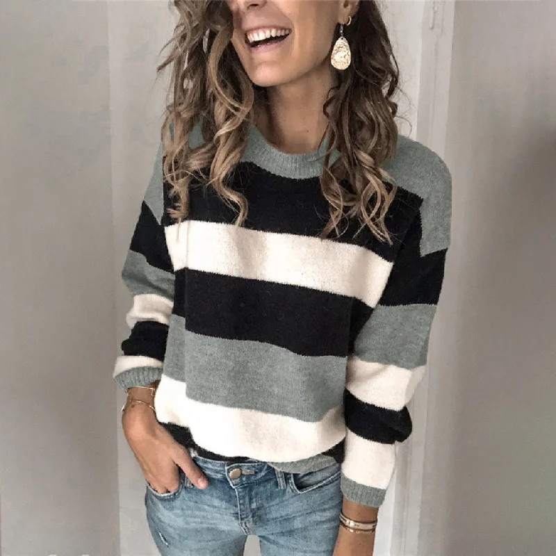 Unwind with Weekend Discounts Fashion Long Sleeve Color Block Stripe Pullover Knit Sweater Wholesale Womens Tops