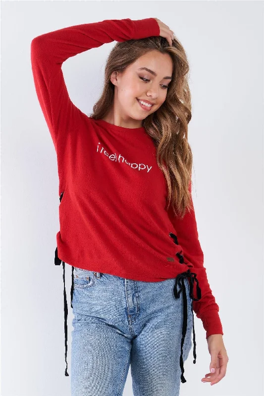 The Best Prices Barbados "I Feel Happy" Crew Neck Side Lace Up Top