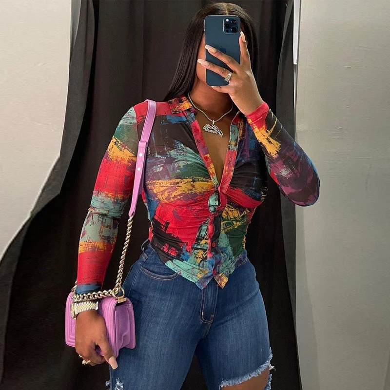 Best Deals Z76470 Fall stylish Casual Print long Sleeve tops women Buckle Turndown Collar spring shirt