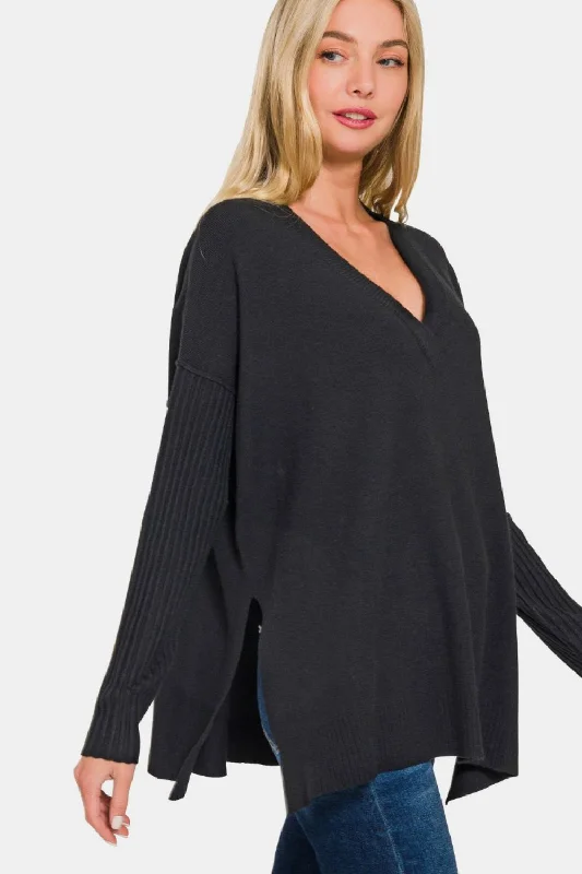 Reduced Prices V-Neck Side Slit High-Low Sweater - Black