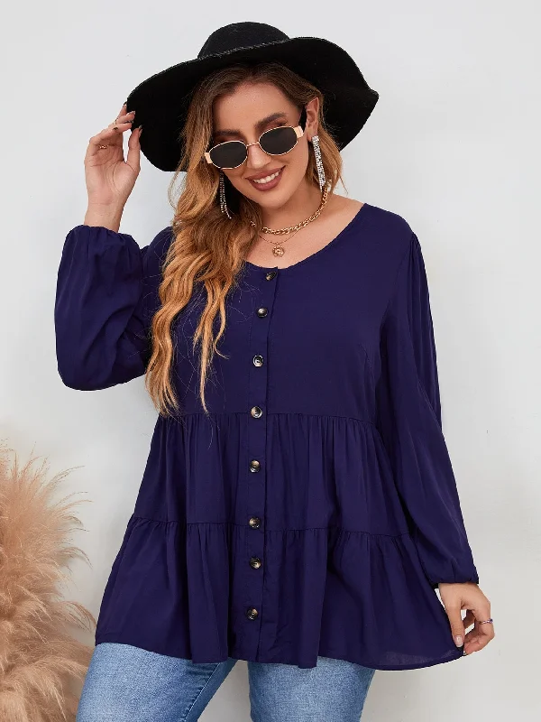 Weekend Specials to Celebrate Plain Button Front Long Sleeve Round Neck Flared Long Plus Size Blouse