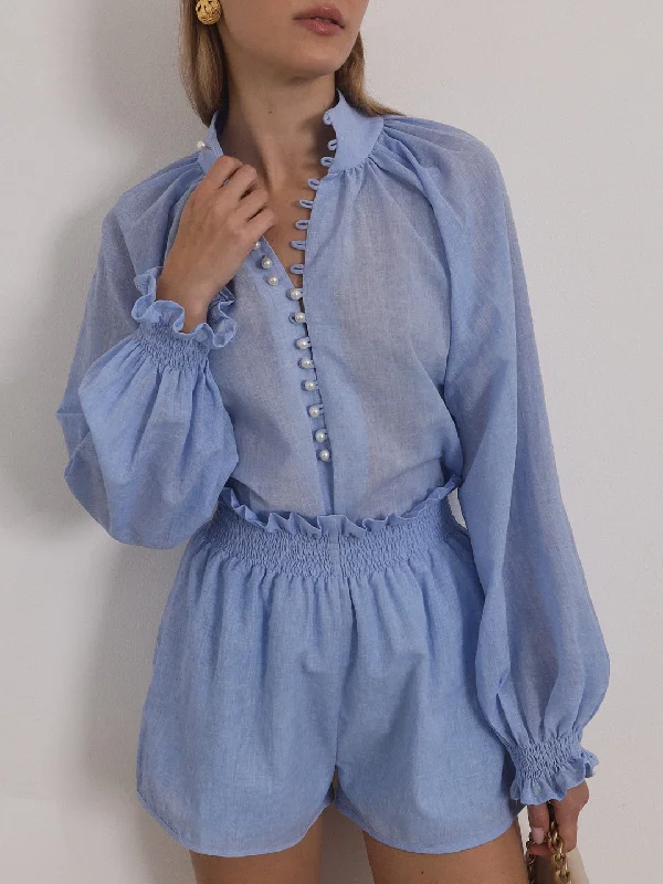 Super Deal Akira Pearl Button Resort Blouse | Sky Blue