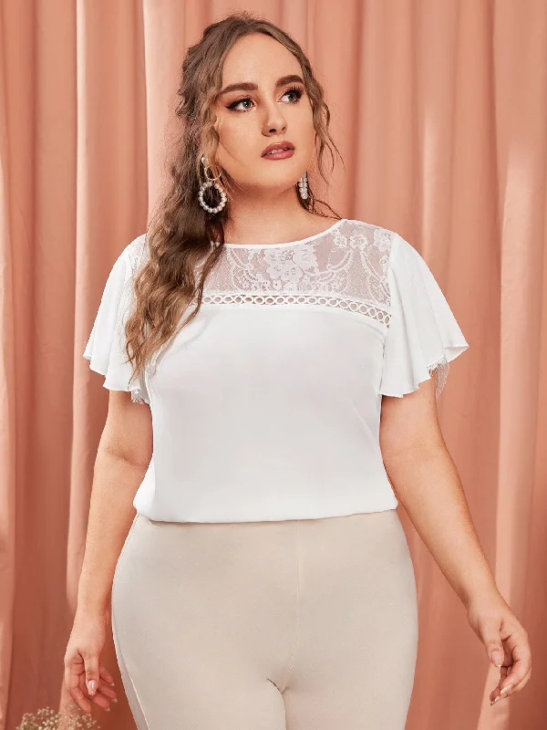 Special Price Plain Contrast Lace Short Sleeve Round Neck Regular Plus Size Blouse