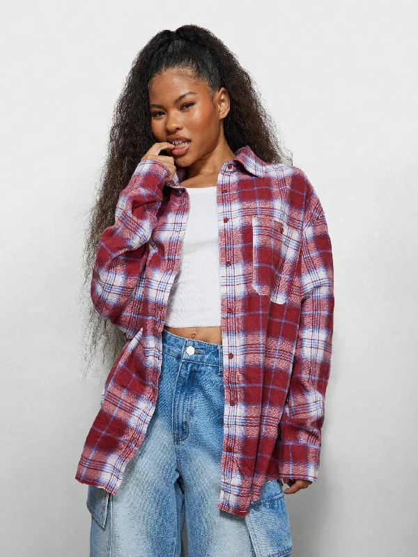 Lowest Rates SUMWON WOMEN Oversized Fit Torn Pocket Check Shirt