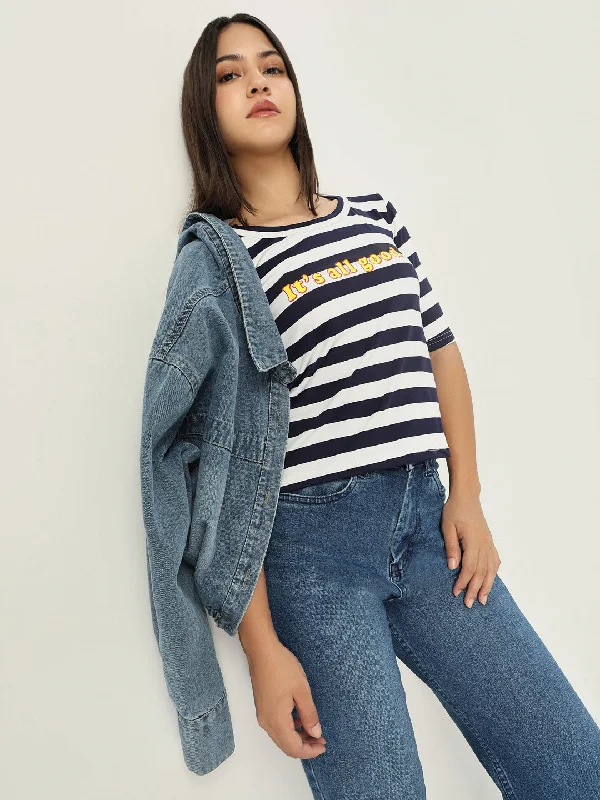 Weekend Deals That Spark Women Striped Navy Blue T Shirt