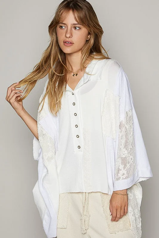 Super Bargain POL Crochet Patchwork Frayed Edge Half Button Knit Top