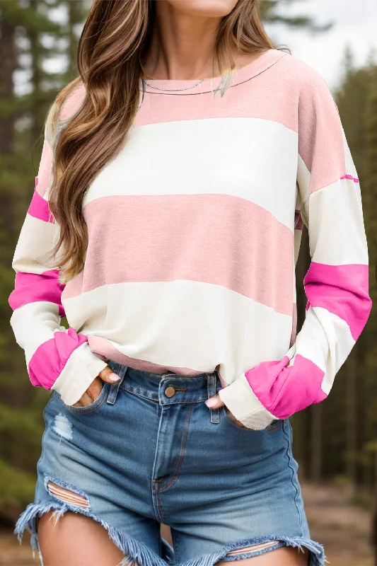 One-Day Only Contrast Color Block Round Neck Long Sleeve Top