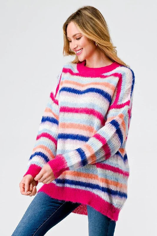 Best Bargains Fuchsia Mix Stripe Knit Long Sleeve Knit Sweater