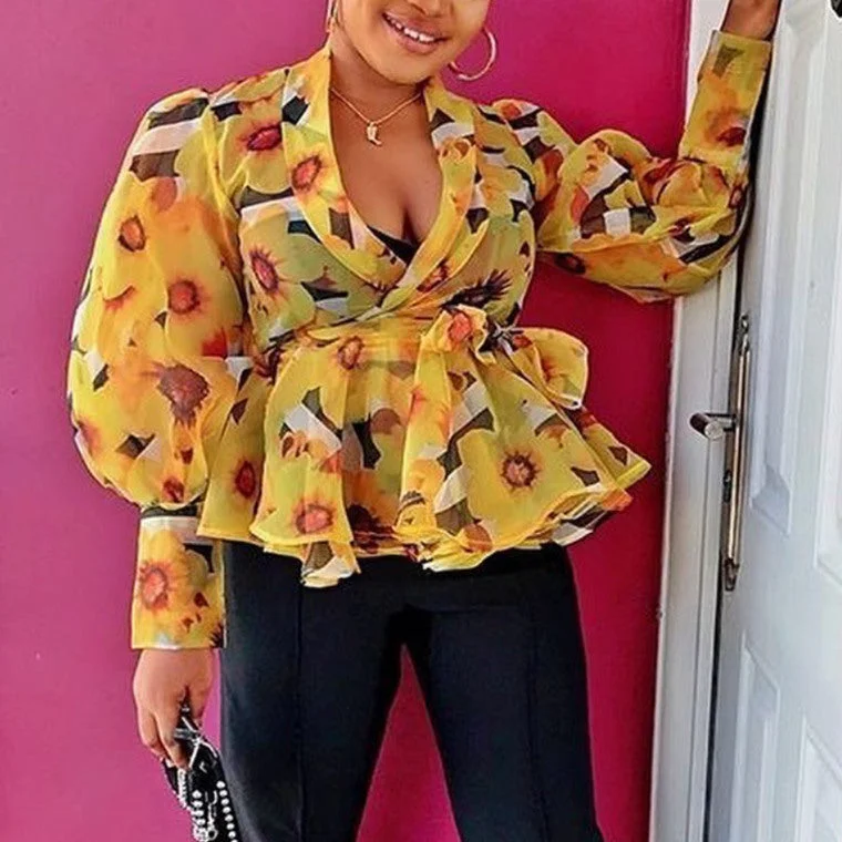Weekend Price Cuts Galore 2022 Spring Sexy Yellow Autumn Printed See Through V Neck Women Blouse