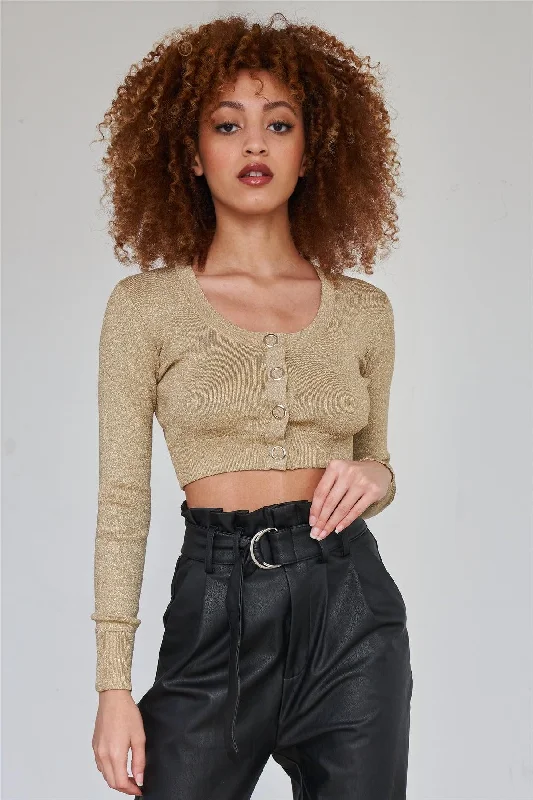 YEAR-End Clearance Metallic Gold Long Sleeve Crop Cardigan Knit Top