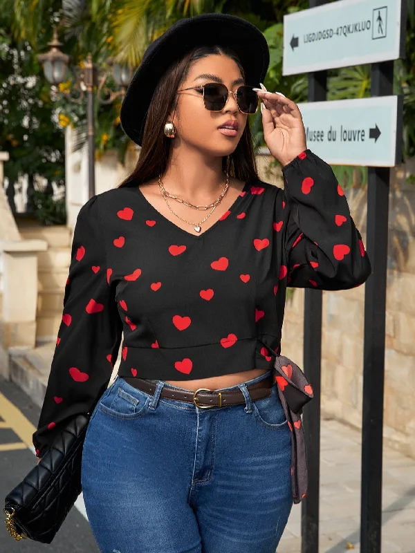 Big Savings All Over Print Knot Long Sleeve V Neck Crop Plus Size Blouse