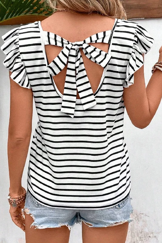 Weekend Bargains to Celebrate Tied Striped V-Neck Cap Sleeve T-Shirt