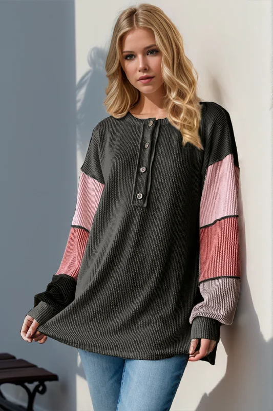 Price Rollback Double Take Full Size Color Block Round Neck Long Sleeve T-Shirt